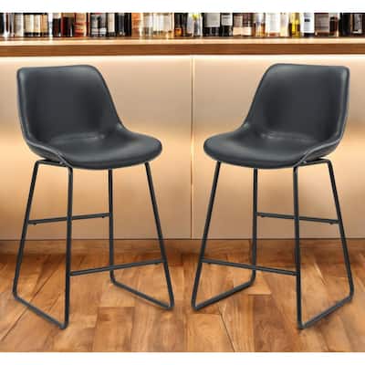 HomeRoots Set of Two Black Faux Leather and Metal Low Back Counter Height Bar Chairs