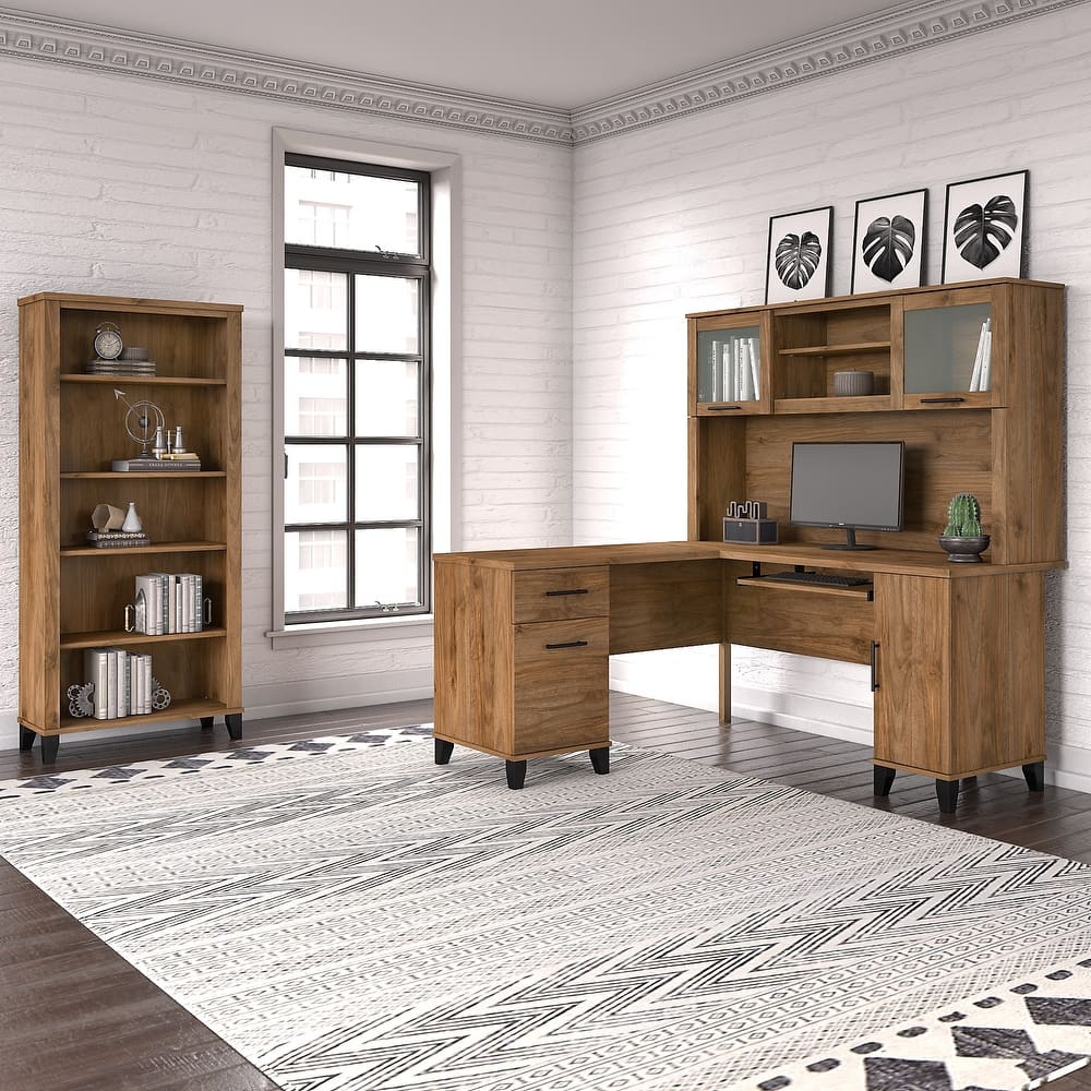 Somerset 60W L Shaped Desk with Hutch and 5 Shelf Bookcase in Ash Gray