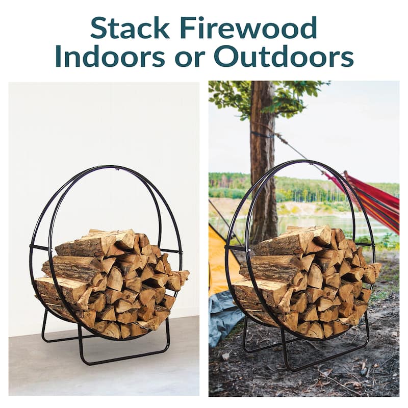 Sunnydaze Firewood Log Hoop Black Steel Easy Access Storage - Multiple Sizes