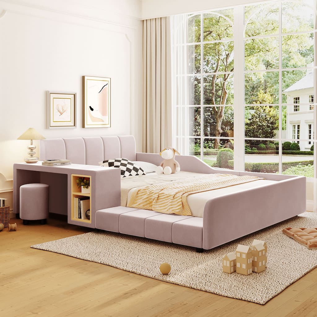 Queen/Full Mother & Child Bed with Bedside Desk, Velvet Upholstery & Round Stool