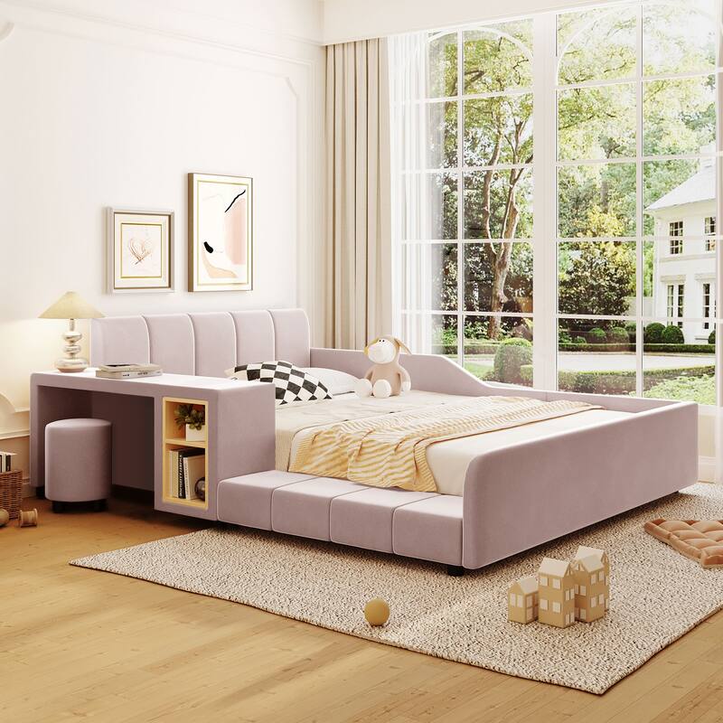 Upholstered Grounded Bed Mother & Child Bed with Bedside Desk and Little Round Stool - Pink - Full