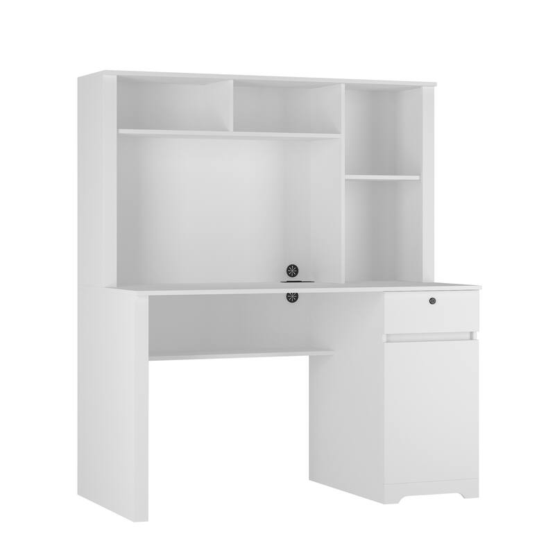 Roomfitters Computer Desk with Hutch & Bookshelf, Home Office Workstation, Space Saving Writing Table, Storage Shelves, White