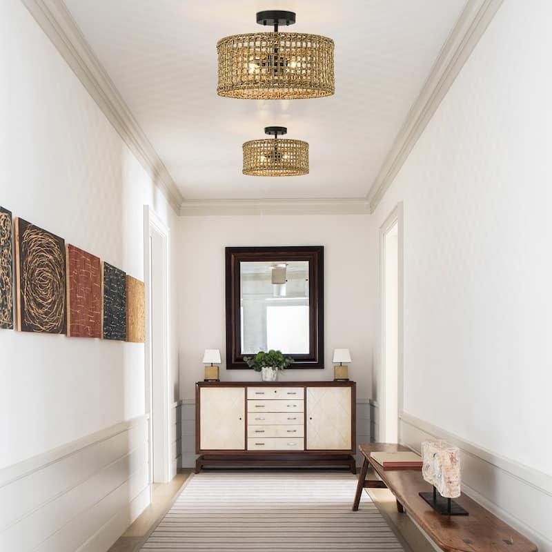 Randy 2-Light Rattan Drum Semi-Flush Mount Ceiling Light - 14"W