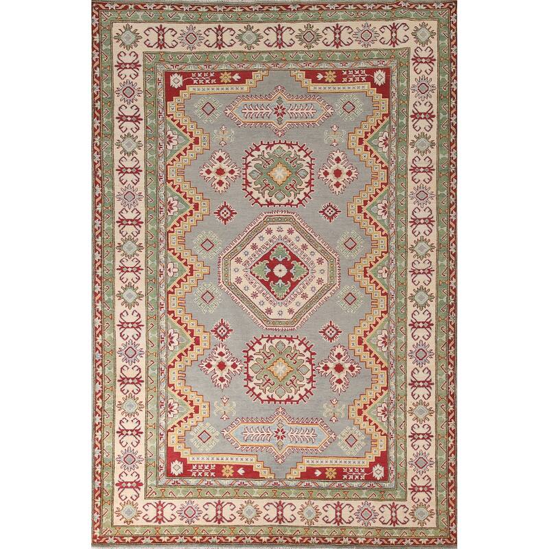 Gray Geometric Kazak Area Rug Handmade Wool Carpet - 6'6" x 9'9"