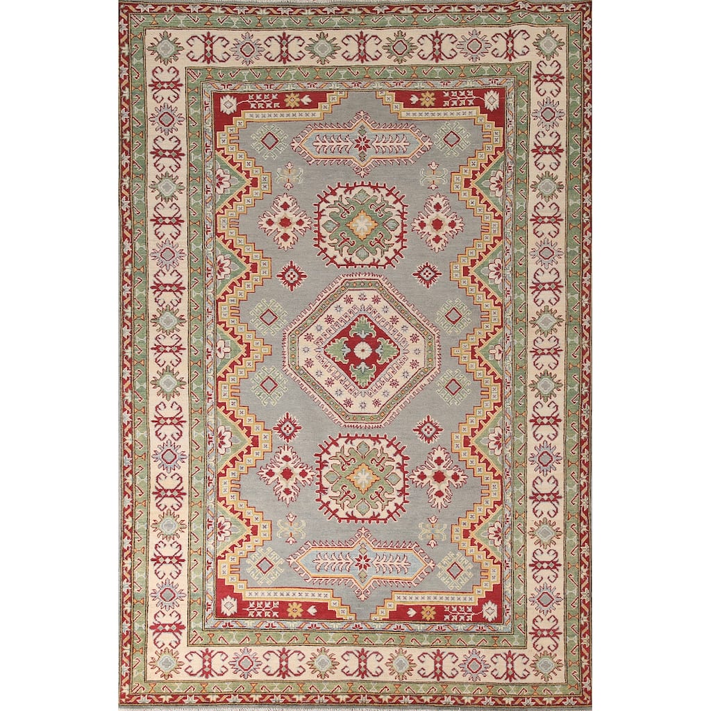 Gray Geometric Kazak Area Rug Handmade Wool Carpet - 6'6" x 9'9"
