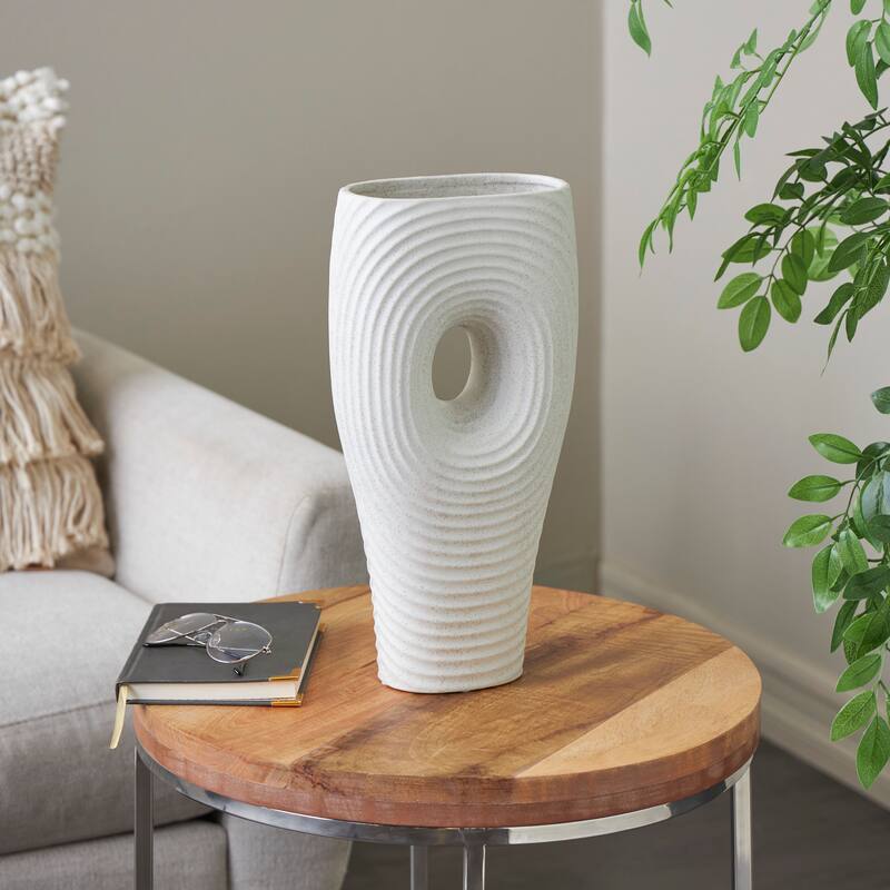 White Ceramic Ribbed Cutout Abstract Decorative Vase with Speckled Texturing - White