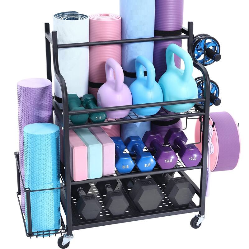 Black Steel Gym Rack with Wheels, 3-Tier Organizer for Equipment Organizer - 41” L x 16” W x 35” H