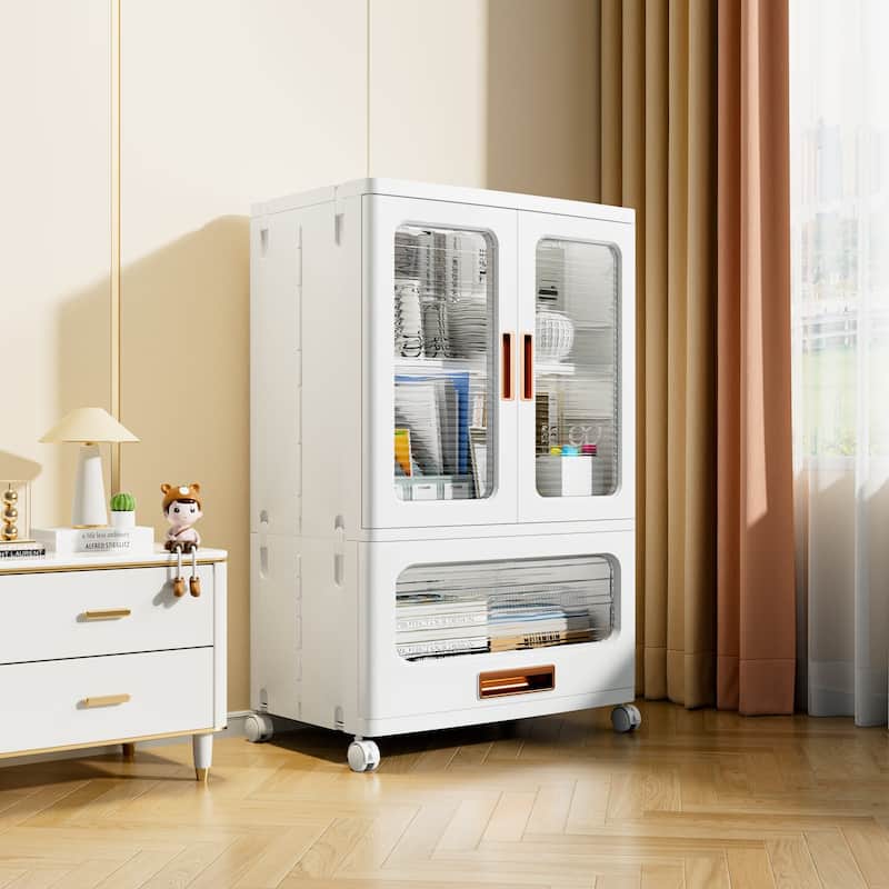 Javlergo 2-Door Plastic Storage Cabinet with Drawer & Wheels White Rolling Storage Organizer with Magnetic Doors for Living Room