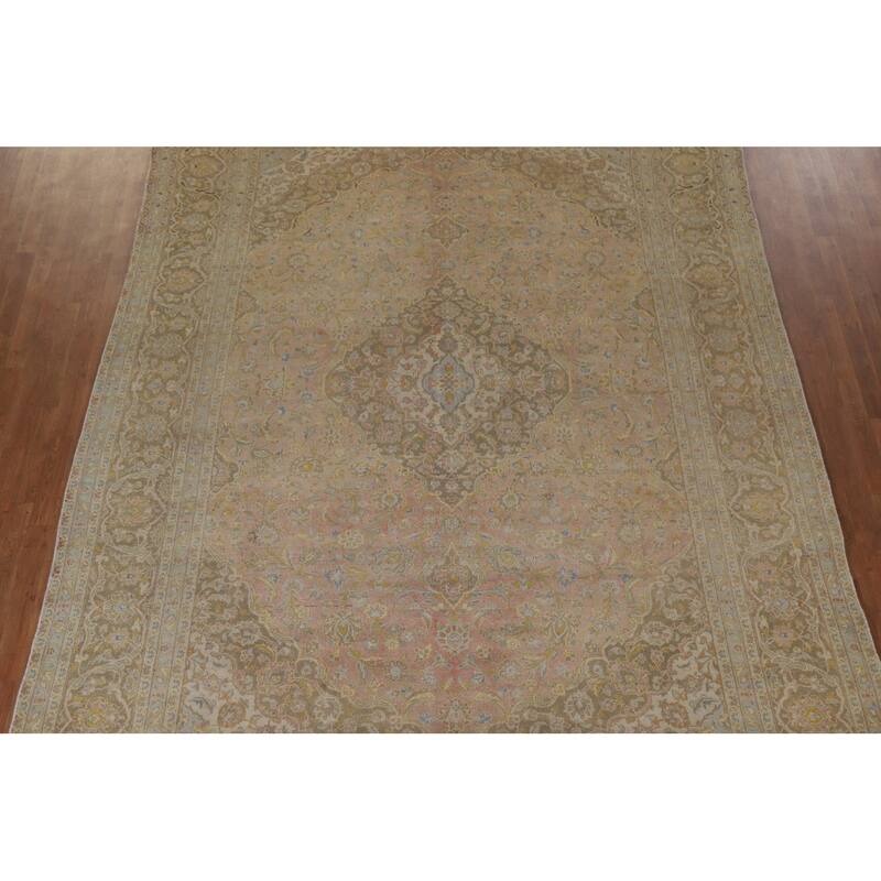 Hand Knotted Oriental 100% Wool Carpet Traditional Floral Pink Mashad Area Rug - 13' 0'' X 9' 6''
