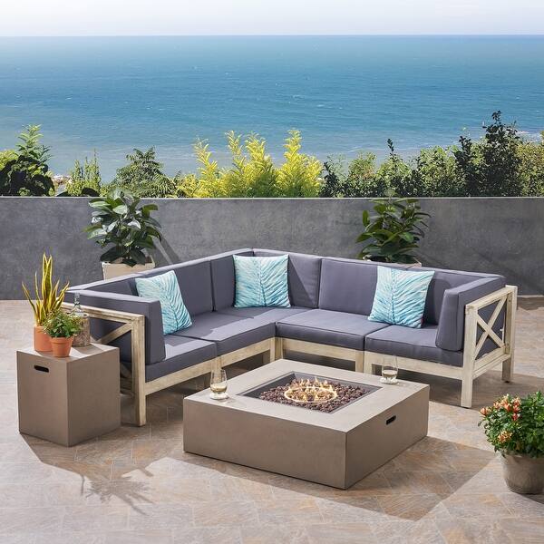 Brava Outdoor Acacia Wood 5 Seater Sectional Sofa Set with Fire Pit by