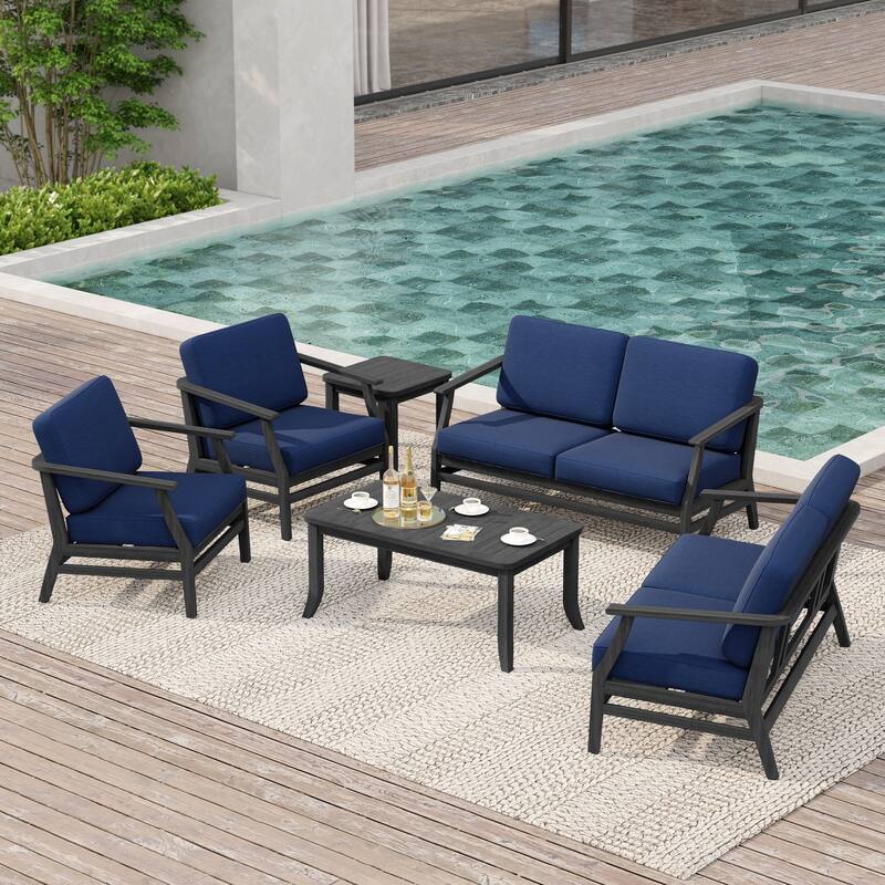 Large Outdoor Conversation Set with Patio Chairs, Loveseat, Tables - Dark Wood - Navy