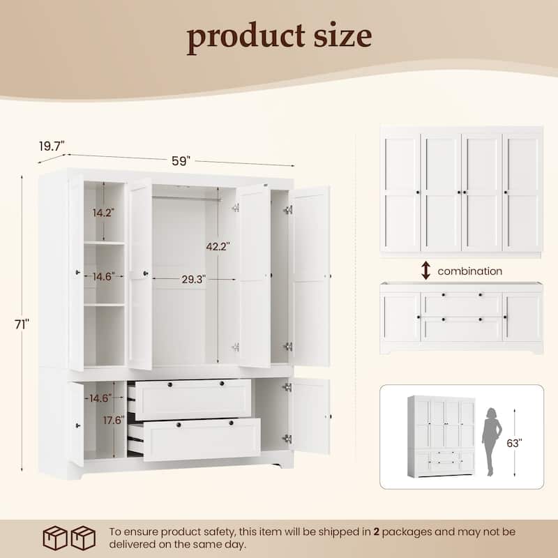 Pocassy 71" H Wardrobe Closet with Drawers with Doors and Storage