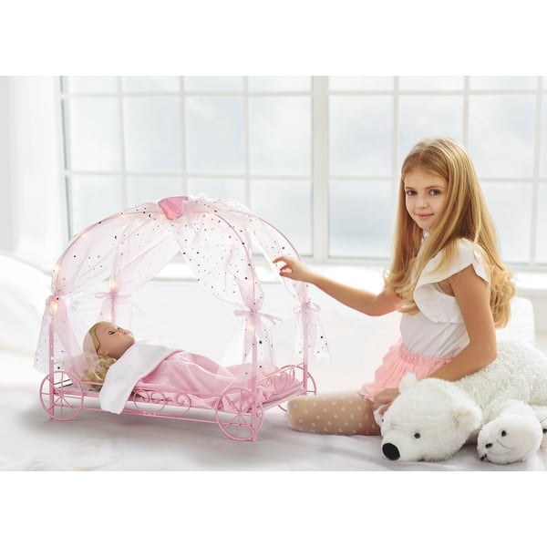 slide 2 of 9, Badger Basket Royal Carriage Metal Doll Bed with Canopy, Bedding and LED Lights - Pink/White/Stars