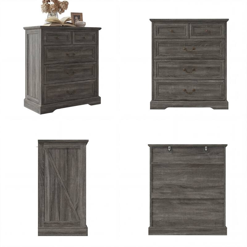 Farmhouse 5-Drawer Chest with Anti-Tip Device, Rustic Wooden Dresser for Bedroom, 36.3" Tall Storage Cabinet