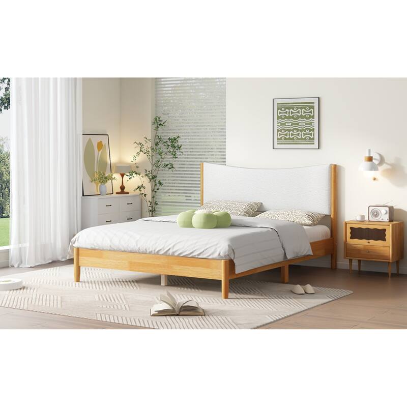 Roomfitters Queen Rubber Wood Bed with Boucle Upholstered Headboard, Reinforced Slat Platform with Support Feet, Natural