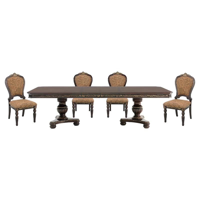 Formal Traditional Dining Set Extendable Table Chairs Cherry Finish with Gold Tipping - 5pc Set