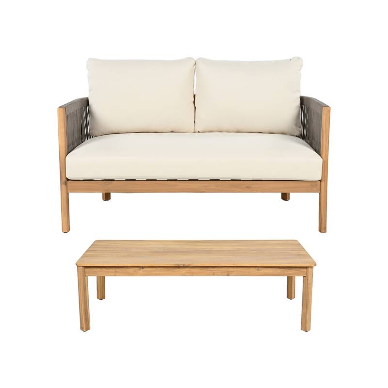 Christopher Knight Home - Rowan 2-Piece Outdoor Acacia Wood Loveseat Set with Woven Rope Accents & Coffee Table
