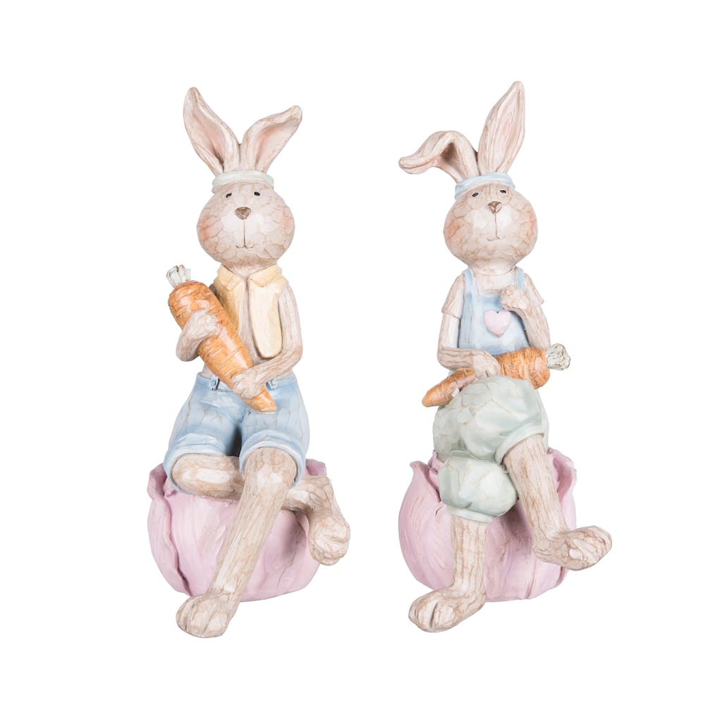 Easter Bunnies w/ Carrots Sitting Figure Figurines, Set of 2