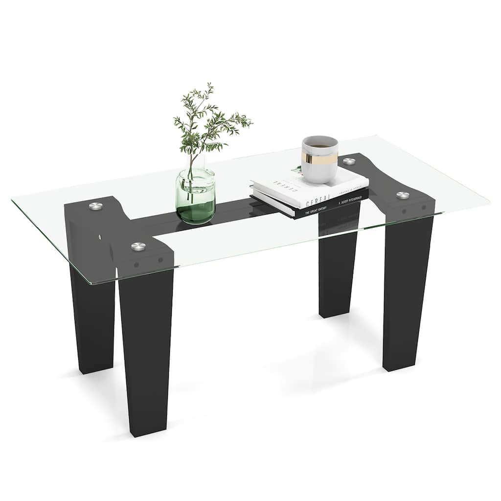 Gymax Rectangle Coffee Table Modern Tempered Glass Top Accent Table