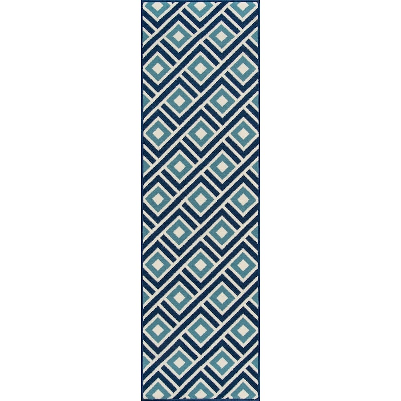 Momeni Baja Blocks Indoor Outdoor Rug - 2'3" x 7'6" Runner - Blue