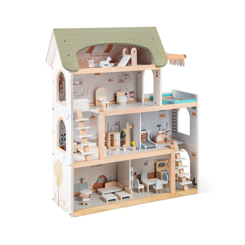 33 Pieces Kids Wooden Dollhouse with Furniture Multi-Room Design and Safe Pinewood Frame - 25" x 10" x 31"
