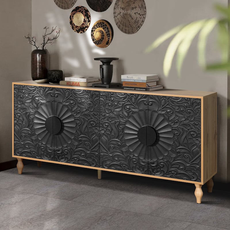 Black+Natural 63" Accent TV Stand with Carved Doors & Wood Legs for Living Room