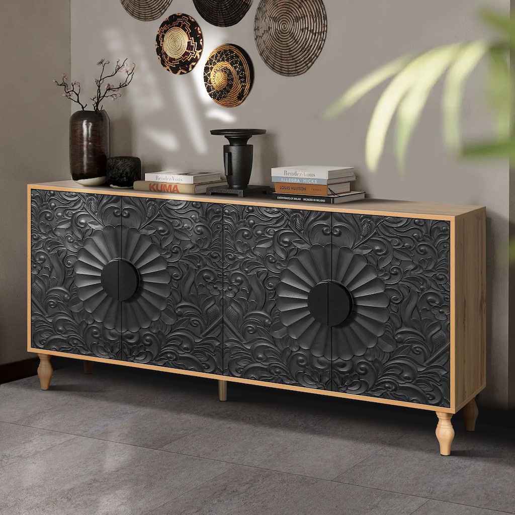 Pantry Cabinet Console Cabinet with Symmetrical Carvings, Exquisite Credenza Dining Cabinet with Adjustable Shelves