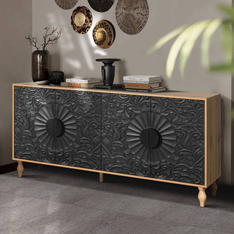 Storage Cabinet with Carved And Spliced Doors, Freestanding Sideboards with 4 Doors, Accent Cabinet with Adjustable Laminates