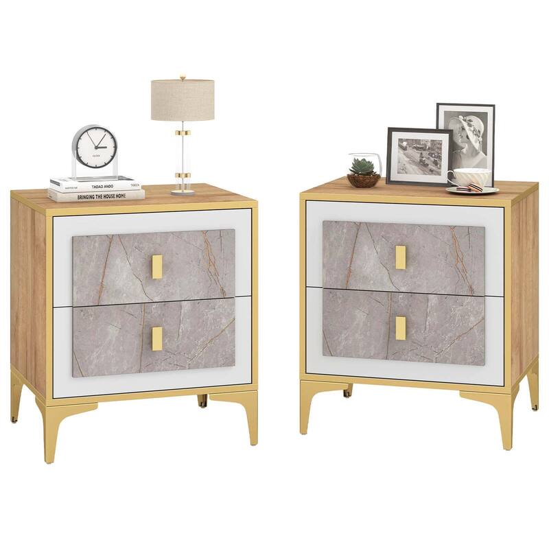 Costway 1/2 PCS Nightstand with Storage Faux Marble Surface Accent - 2 PCS