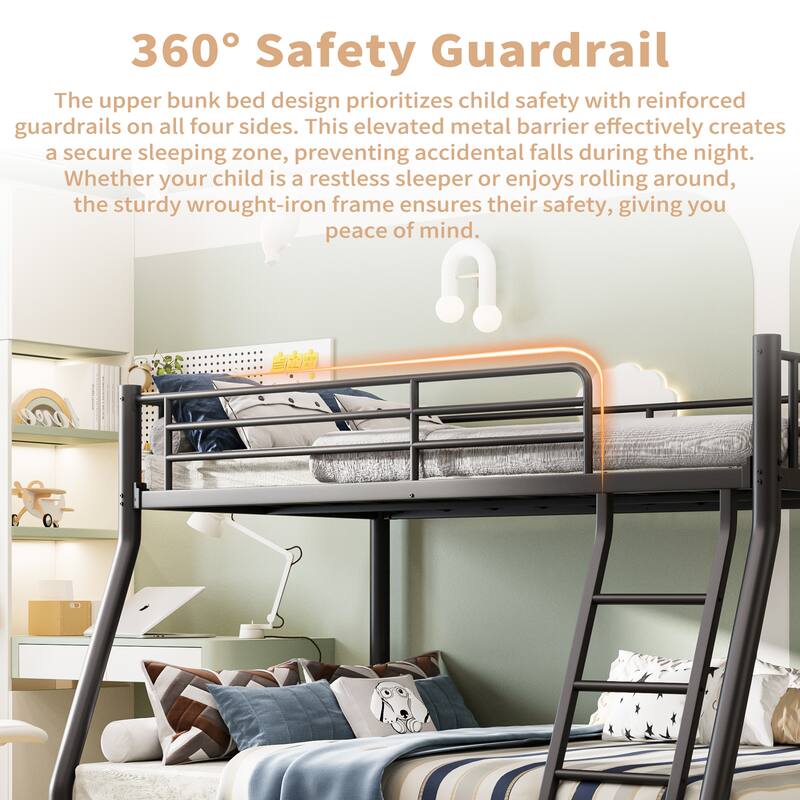 Twin Over Full Bunk Bed, Metal Bunk Bed Frame with Ladder, Safety Rail & Steel Slats, Space-Saving Bunk Beds