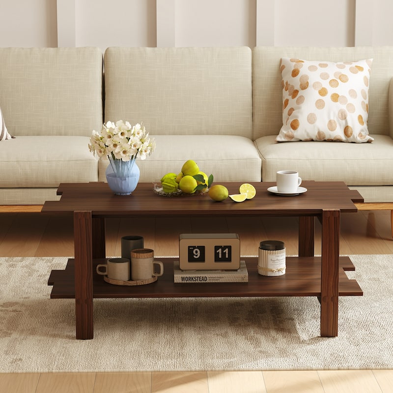 Contemporary Rectangular Coffee Table with Storage Shelf and Wooden Slatted Design for Home or Office - 45" x 23.5" x 18.5"