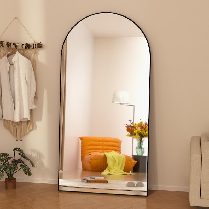 Arched Floor Mirror With Stand,Wood Frame Full Length Mirror,Wall-Mounted Mirror