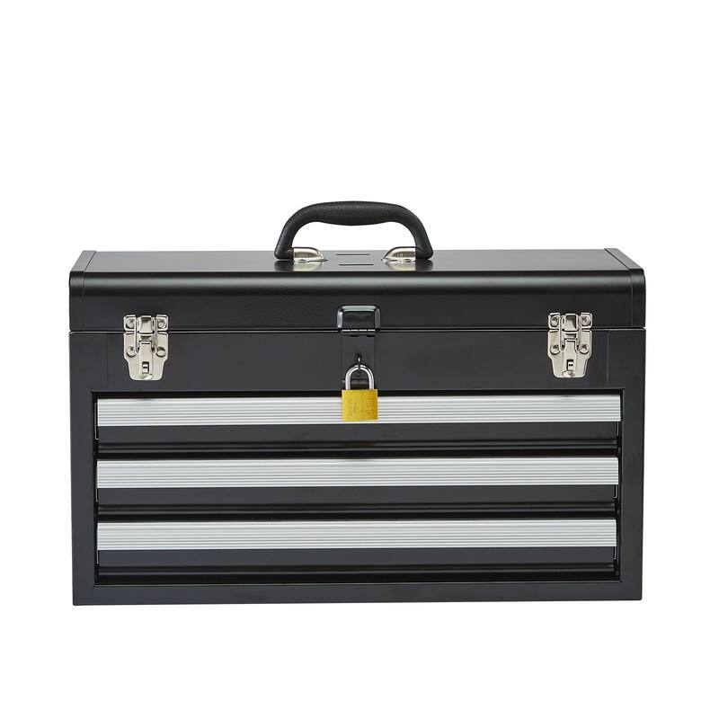20.5 Inch Black Metal Portable Toolbox with 3 Drawers and Built In Lock Hole - 20.5 x 8.6 x 12 in