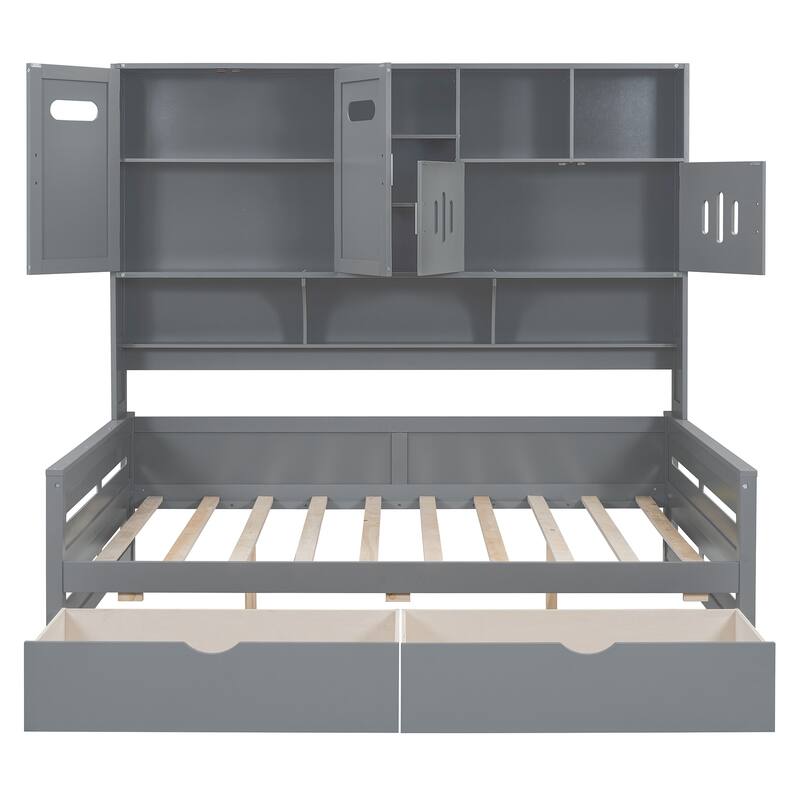 Full Size Wooden Daybed with 2 Drawers, Cabinet & Shelf