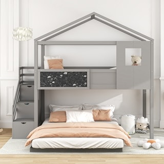 Twin Over Full House Bunk Bed with Storage Staircase and Blackboard