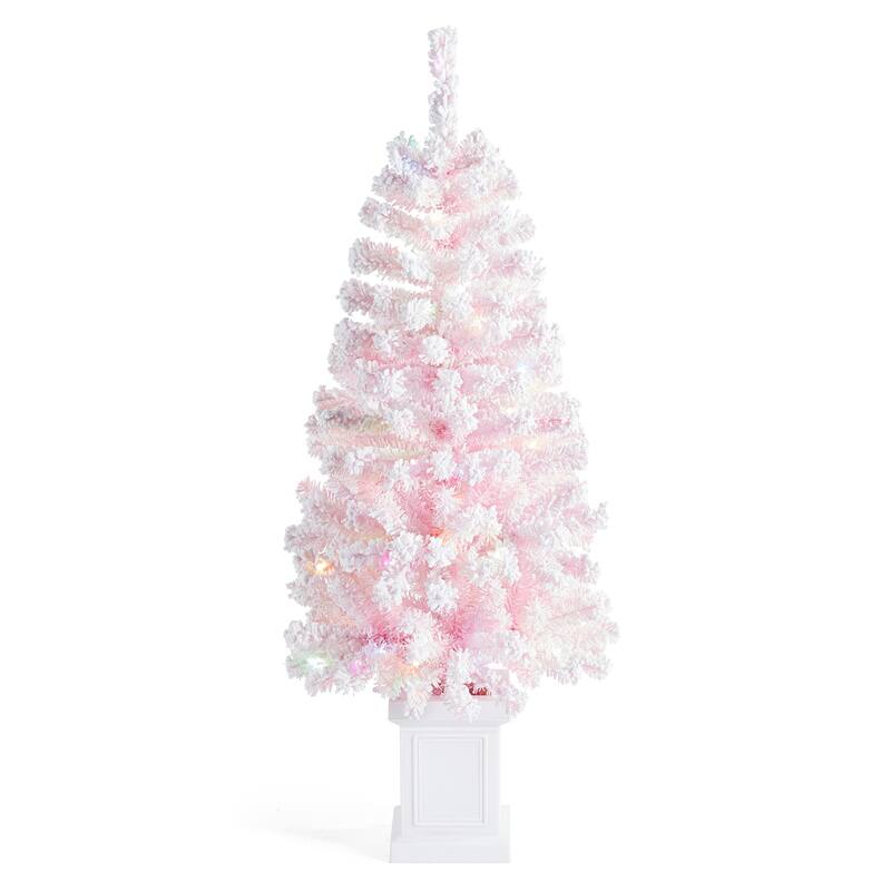 Glitzhome 4ft/5ft Pre-Lit Flocked Pink Artificial Christmas Porch Tree with Foot Pedal LED Lights