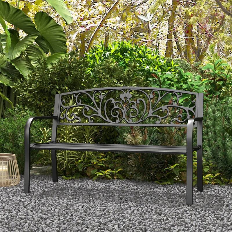 Outdoor Steel Garden Bench with Floral Backrest Two Seat Patio Seat for Yard Porch and Garden - 50" L x 23.5" W x 34.25" H