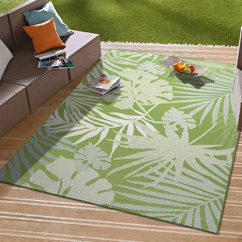 Contemporary Tropical Leaves Indoor/Outdoor Flatweave Waterproof Backyard Patio Area Rug