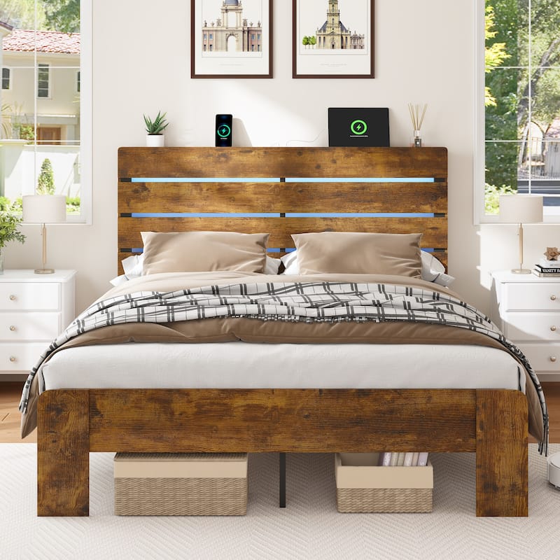 Wooden Platform Bed Frame with Metal Frame Support, Farmhouse Bed with LED Lights Headboard, Charging Station, Antique Natural - Antique Natural - Queen