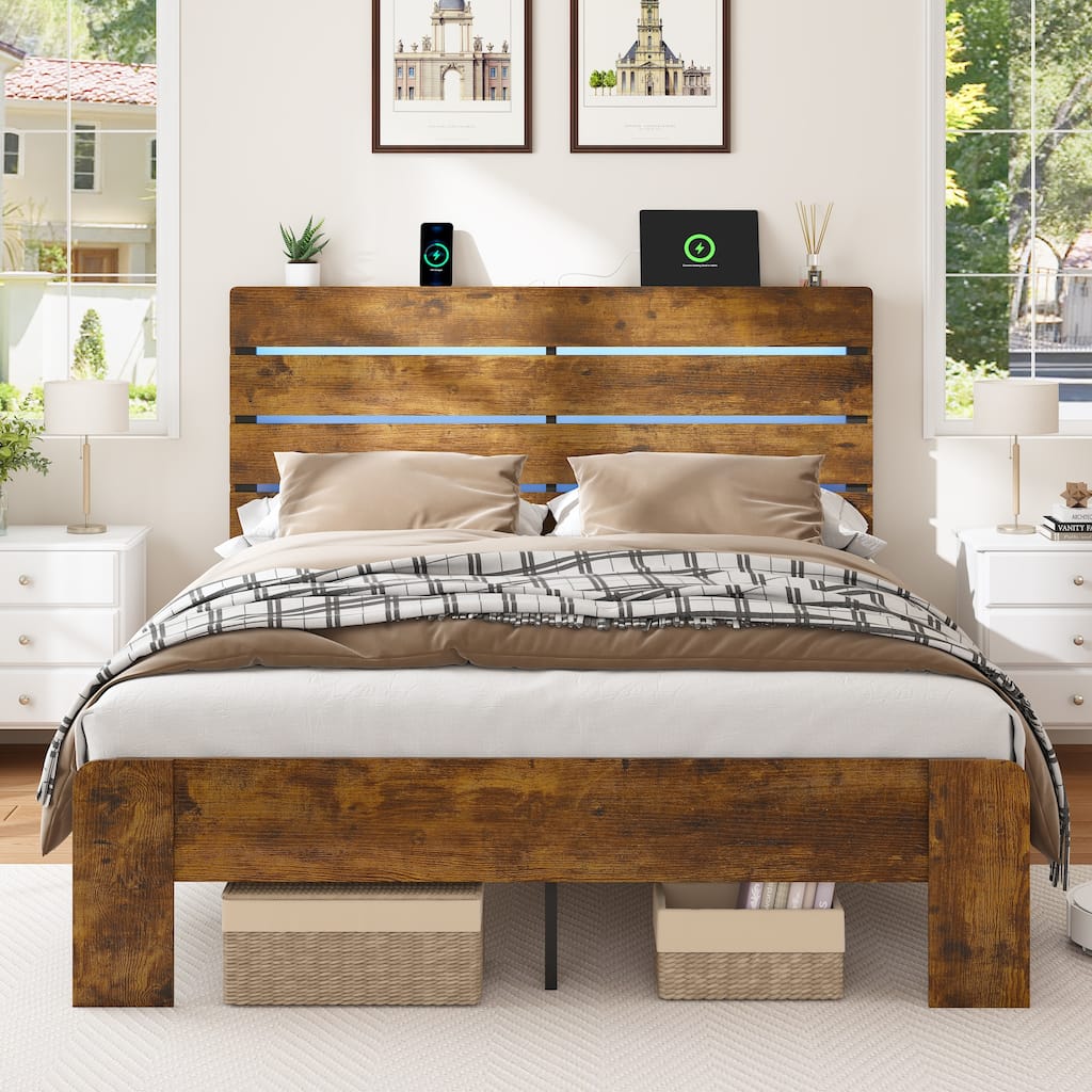 Wooden Platform Bed Frame with Metal Frame Support, Farmhouse Bed with LED Lights Headboard, Charging Station, Antique Natural