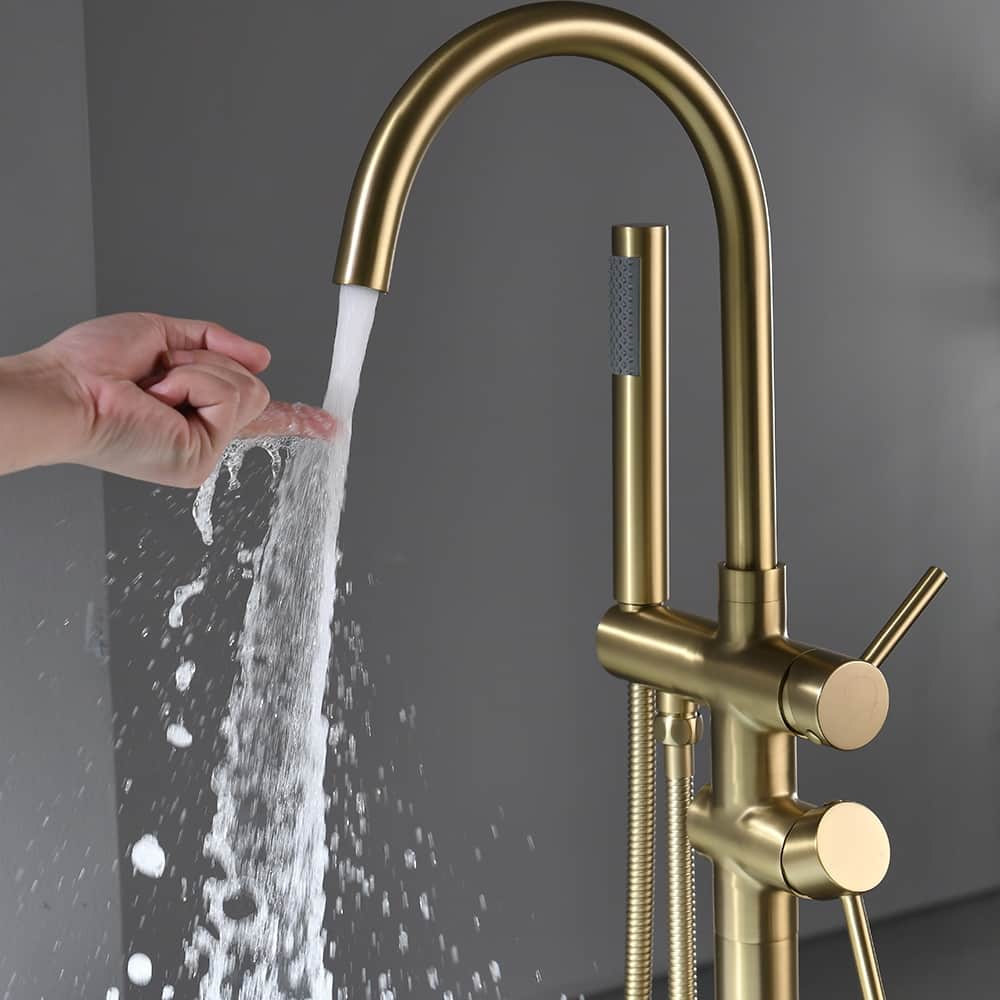 Bathroom Faucets Freestanding Floor Mount Tub Faucet Bathtub with Hand Shower in Brushed Gold