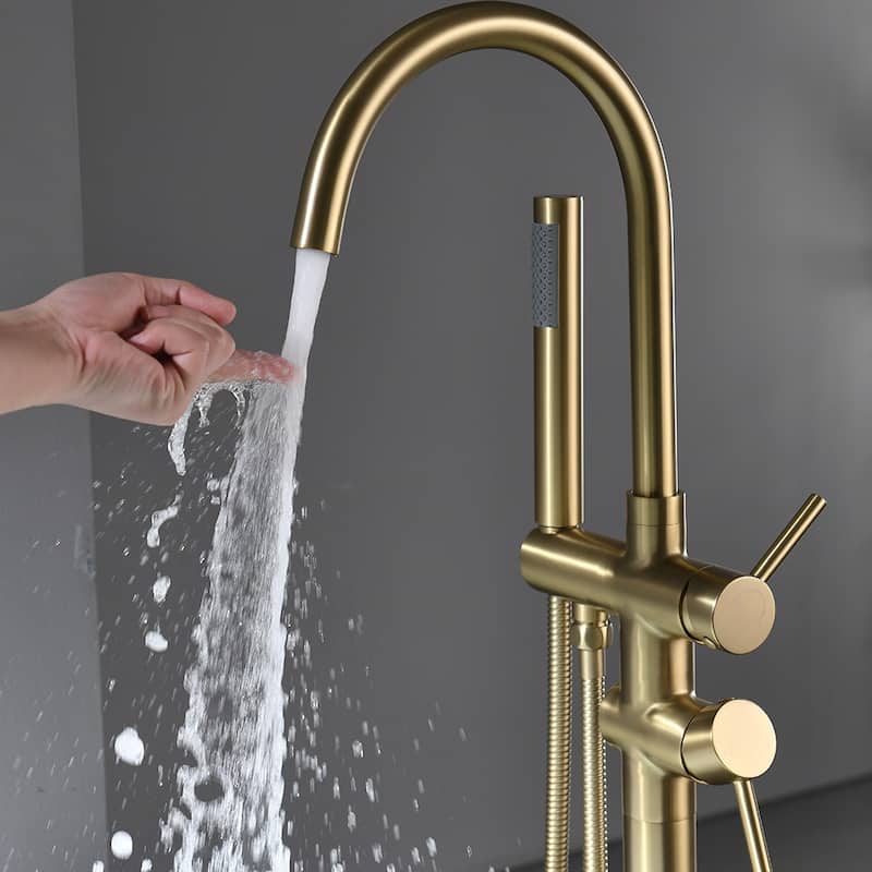 Brushed Gold Double Handle Floor Mounted Freestanding Tub Filler