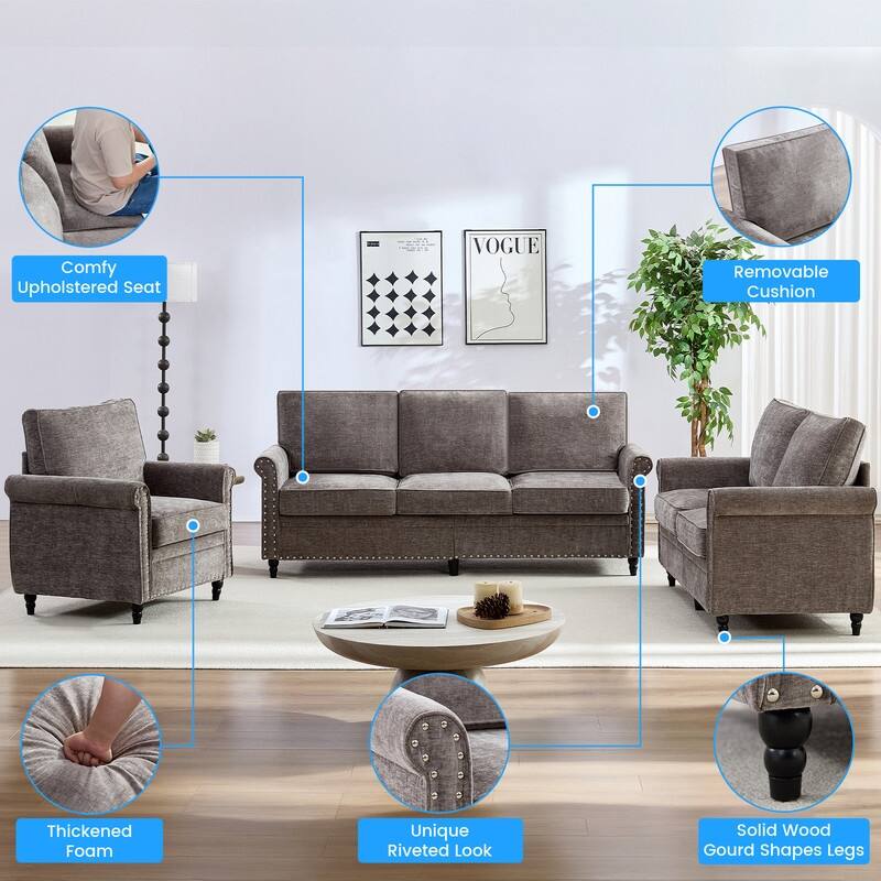 Mixoy 3Piece Chenille Living Room Sofa Set,Modern 3-Seater Sofa Couch&Loveseat Sofa&Single Sofa Armchair Set,Unique Riveted Look