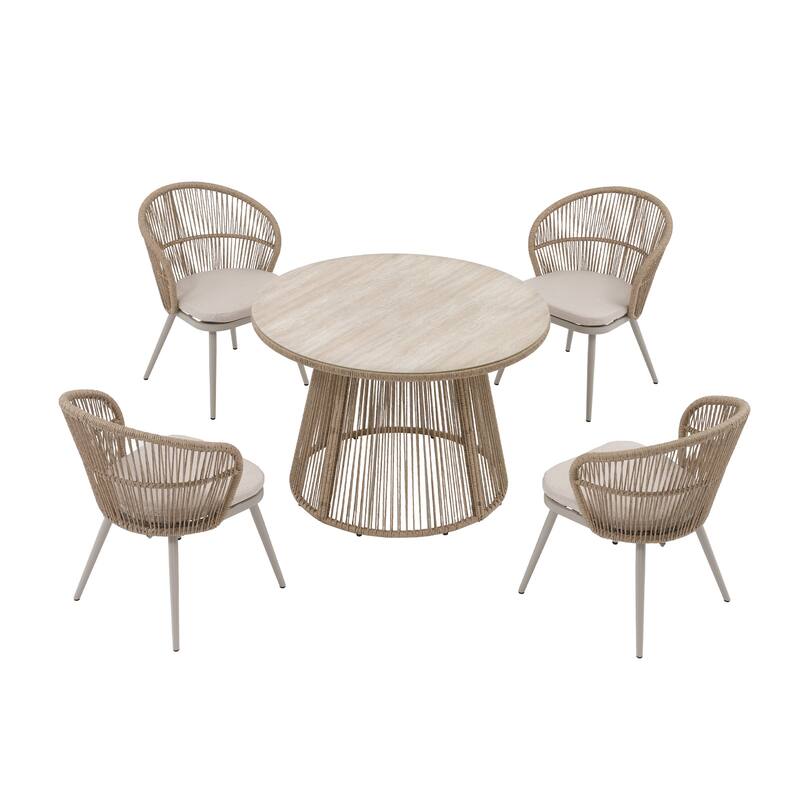 5 Pieces Outdoor PE Rattan Patio Dining Set with Round Tempered Glass Table