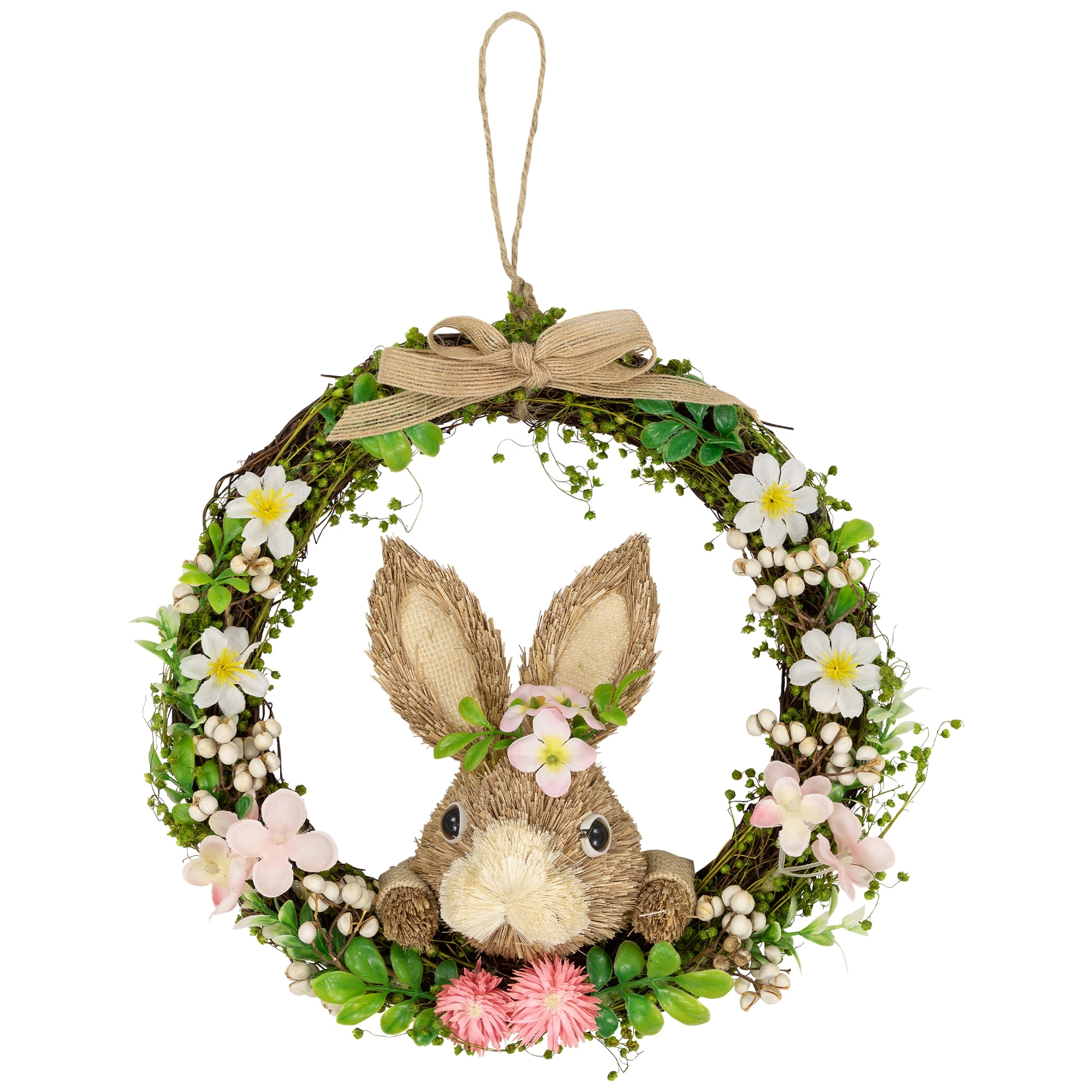 Floral Grapevine Small Artificial Wreath Sisal Rabbit 11" Green Pink