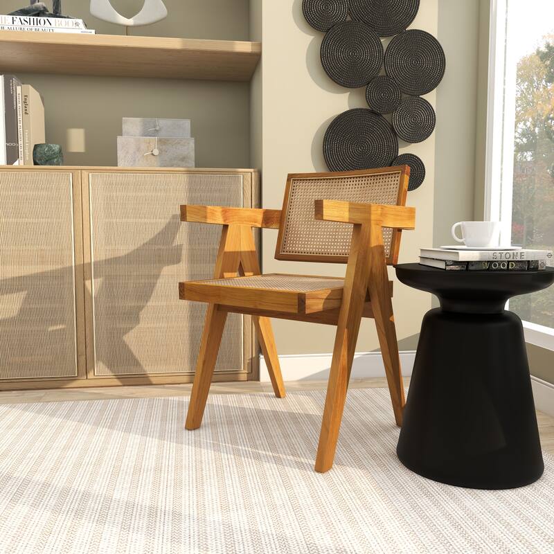 Teak Wood Living Room Accent Chair with Leather or Woven Cane Seat