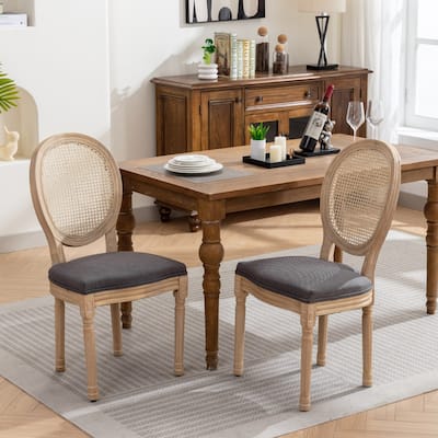 Exquisite Solid Wood Frame Dining Chair with Linen Fabric and Rattan Backrest, Set of 2