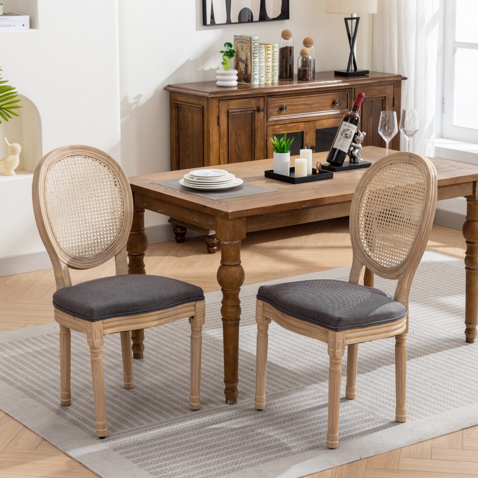 GDFStudio - French Wooden Frame Linen Fabric Rattan Back Dining Chair Set (Set of 2)