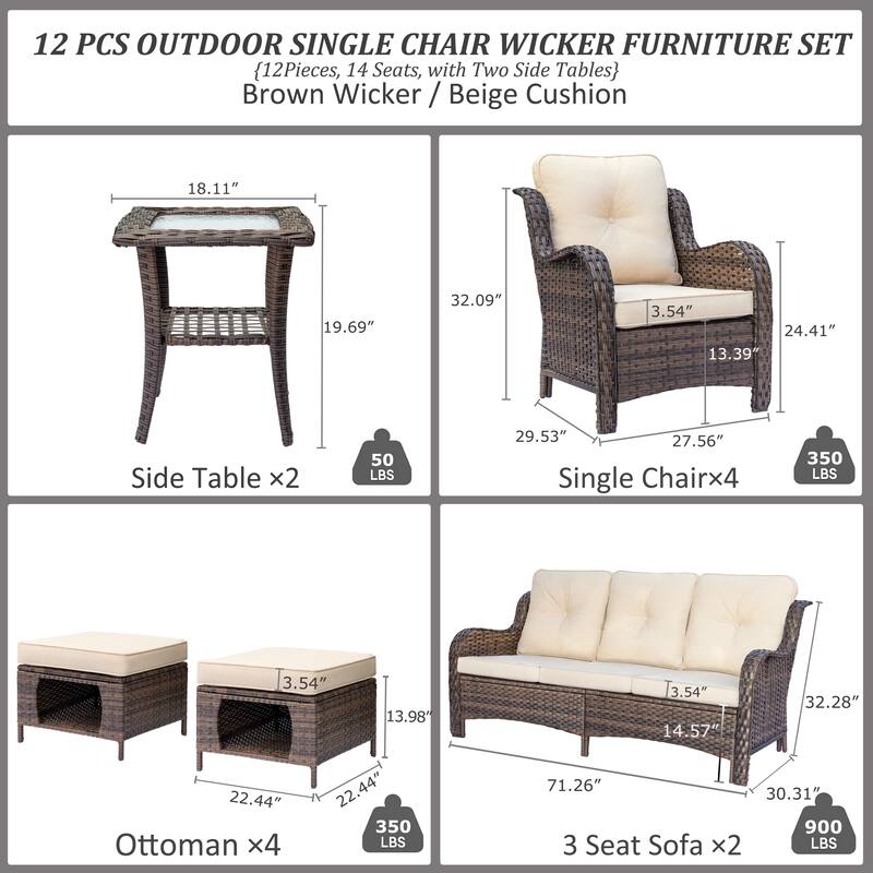 Outdoor Brown Wicker Patio Furniture Seating Sets with Beige Cushions
