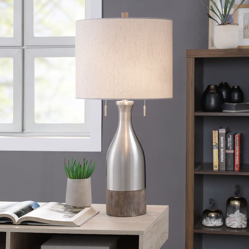Logan Table Lamp - Brushed Steel Finish - Heathered White Fabric Shade